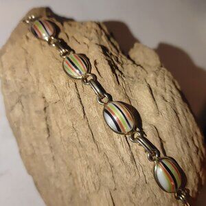 Glass Multicolor Striped Vintage Gold Tone Bracelet Oval Links Calsilica C Clasp